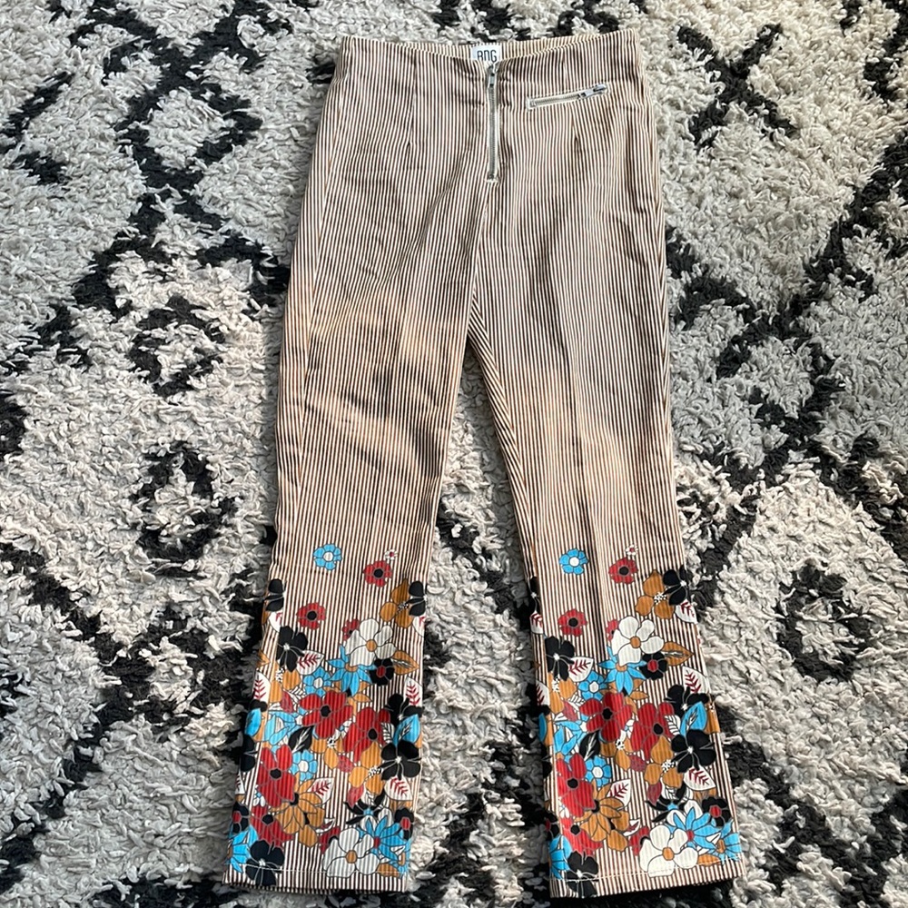 BDG Beige Pinstripe Bootcut Pants with Floral Hem